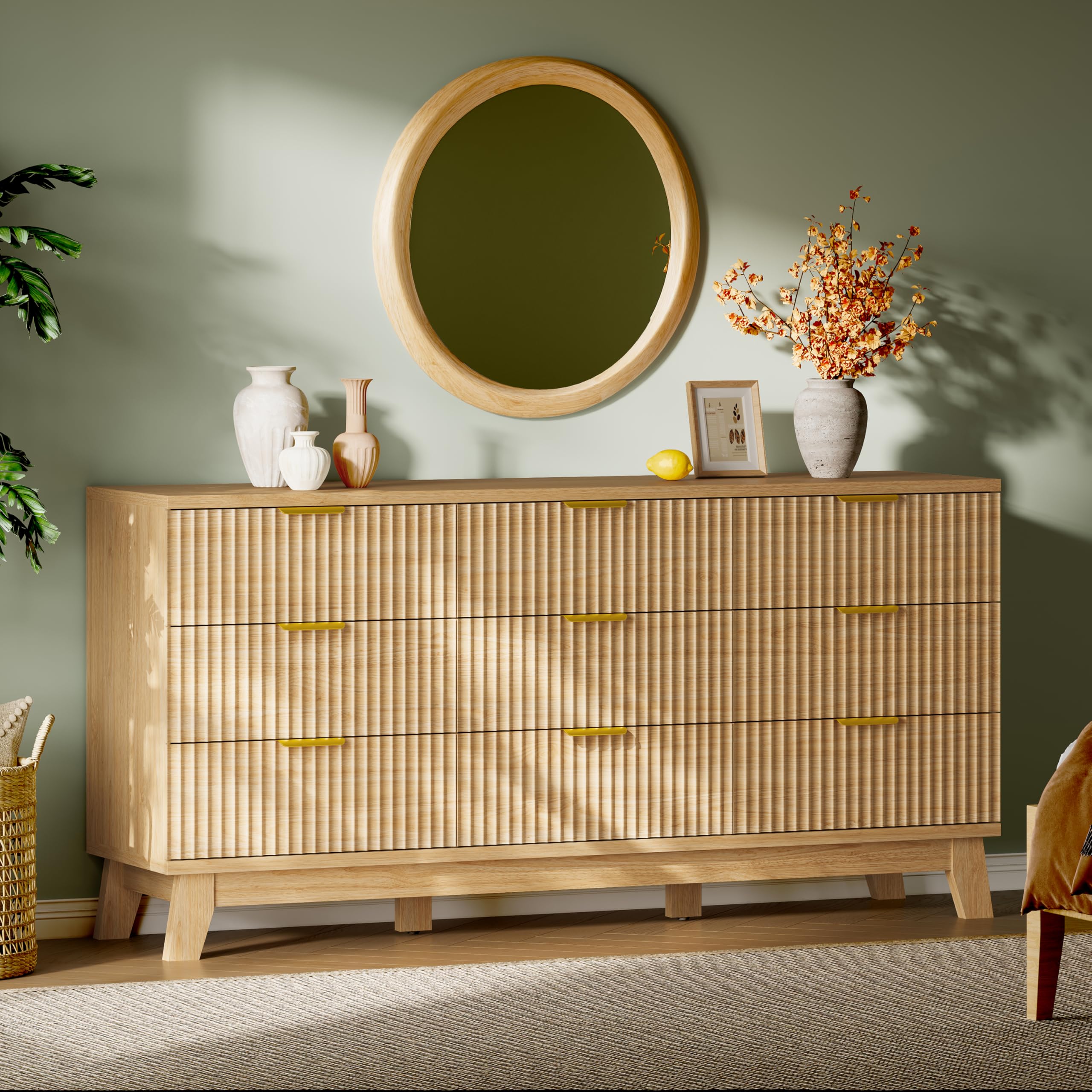 Xixini Fluted Dresser with 9 Drawers, 63" Wide Modern Chest of Drawers with Metal Handle, Wooden Dresser TV Stand, Wood Closet Clothes Storage Organizer for Bedroom, Living Room, Hallway, Natural Oak