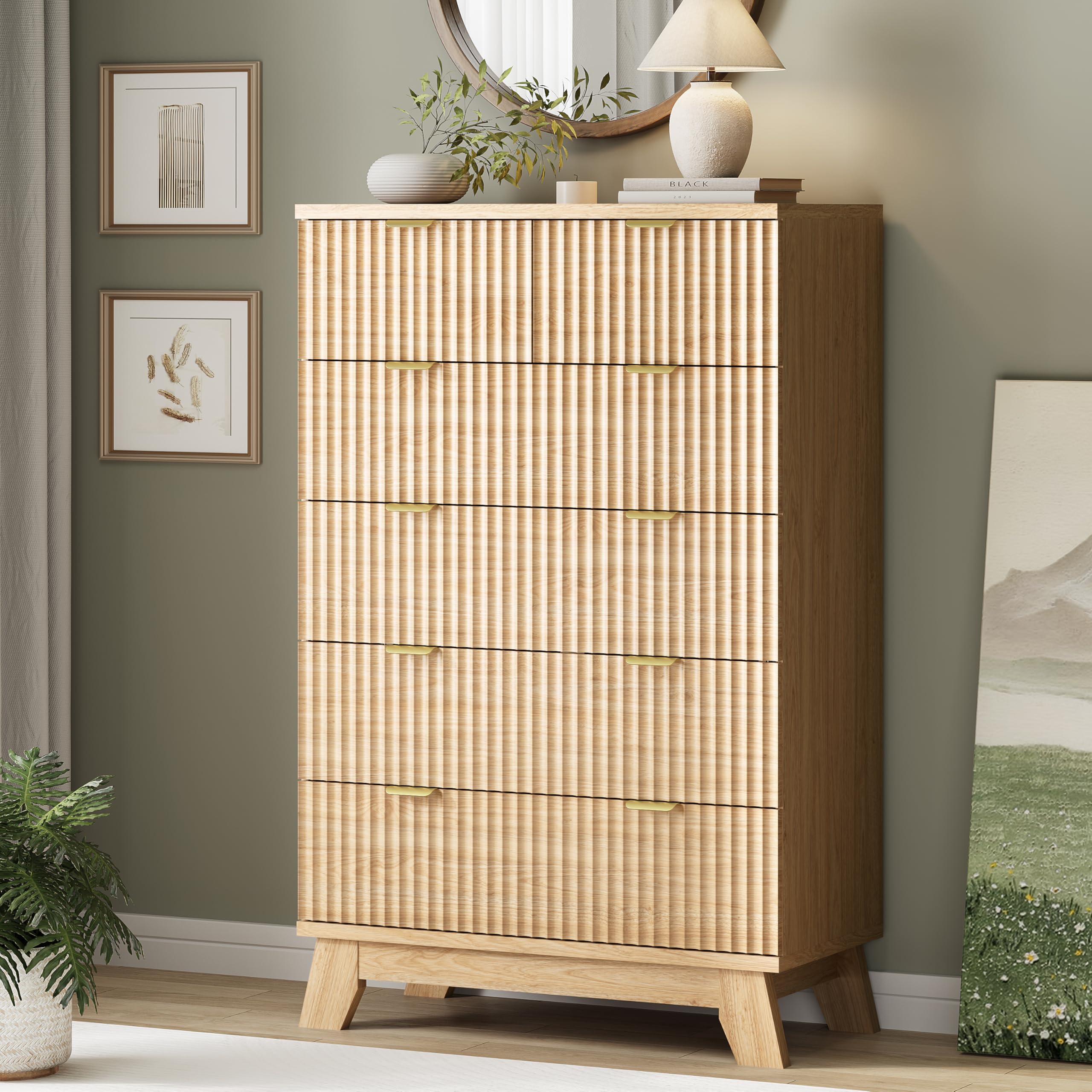 Fluted Dresser for Bedroom with 9 Drawers, 57" Wide Modern Chest of Drawers with Metal Handle, Wooden Dresser TV Stand, Wood Closet Clothes Storage Organizer for Living Room, Hallway, Natural Oak