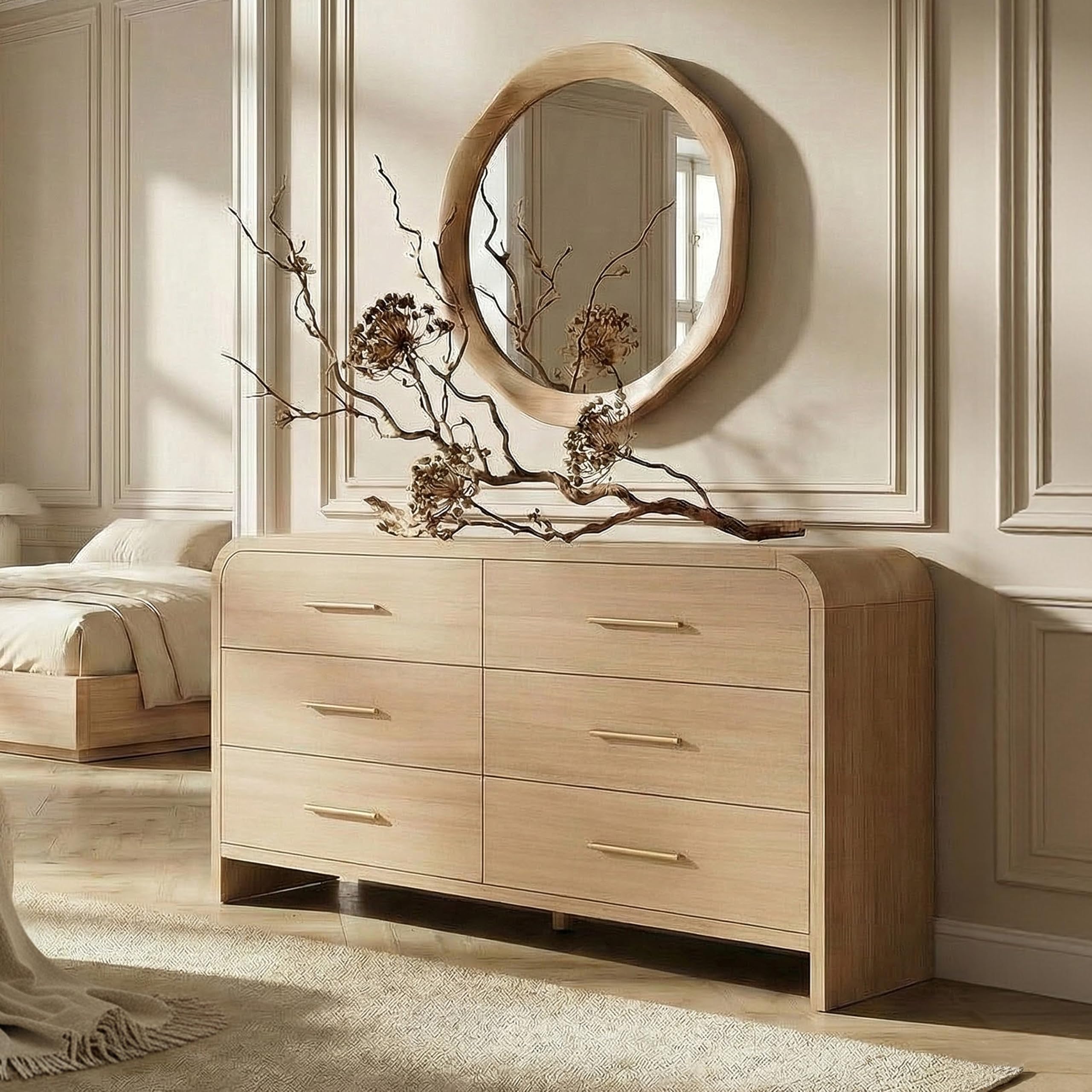Curved 9-Drawer Dresser for Bedroom, 63" Wide Modern Chest of Drawers, Vanity Desk TV Stand for Living Room, Closet Storage Drawers Organizer Furniture, Nursery, Hallway, Oak