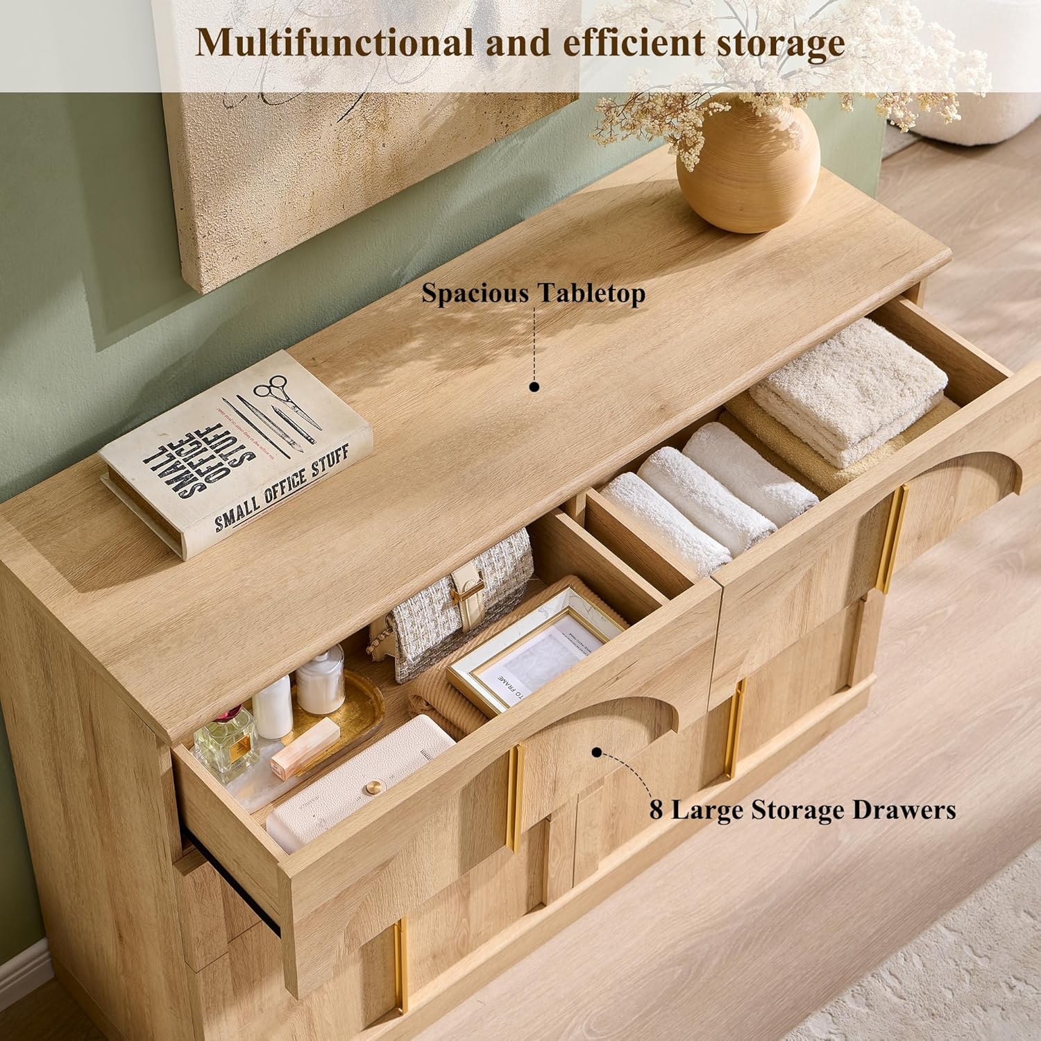 ACCOHOHO Large Dresser for Bedroom with 8 Drawers with Arched Panel,Modern Minimalist Chest of Drawers with Gold Handles,Wood Storage Closet Dressers Tv Stand for Living Room, Hallway,Natural Oak
