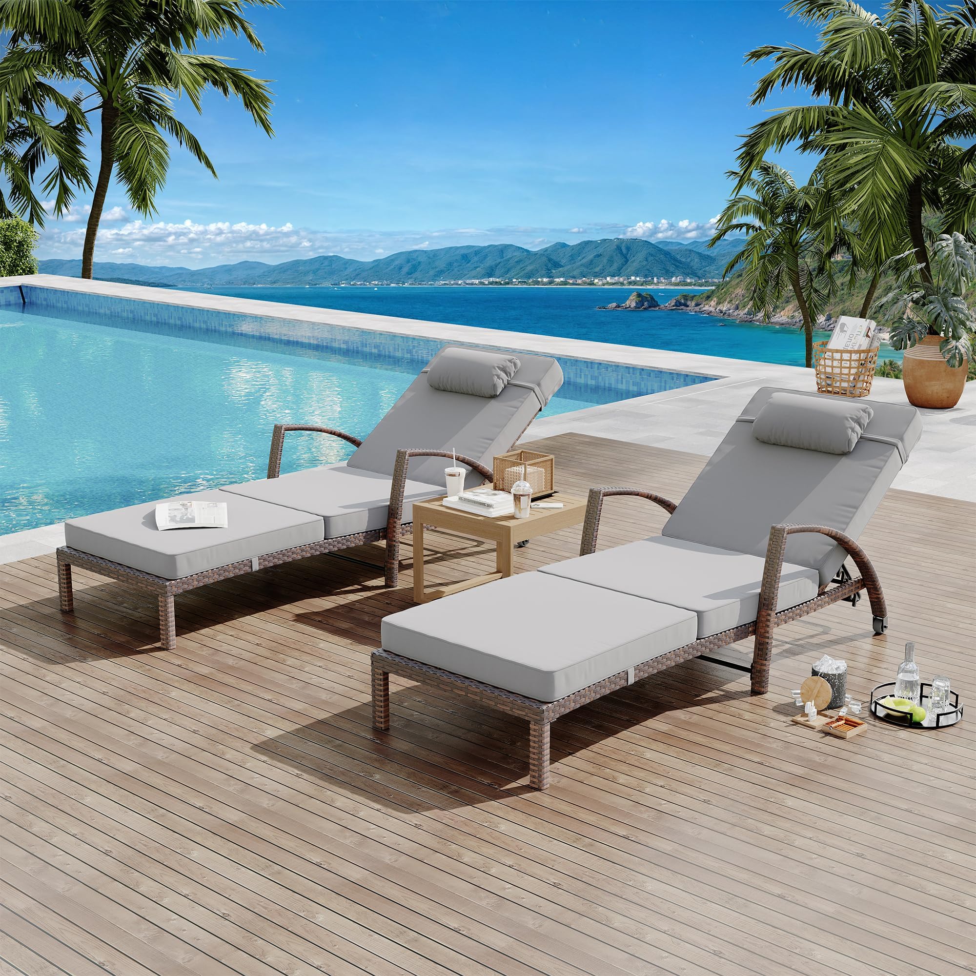 2Pcs Beige Rattan Folding Chaise Lounge,5-Position Adjustable Outdoor Lounge Chair with Cushion & Pillow