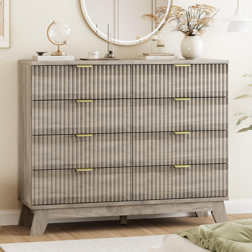 Fluted Dresser for Bedroom with 9 Drawers, 57" Wide Modern Chest of Drawers with Metal Handle, Wooden Dresser TV Stand, Wood Closet Clothes Storage Organizer for Living Room, Hallway, Natural Oak