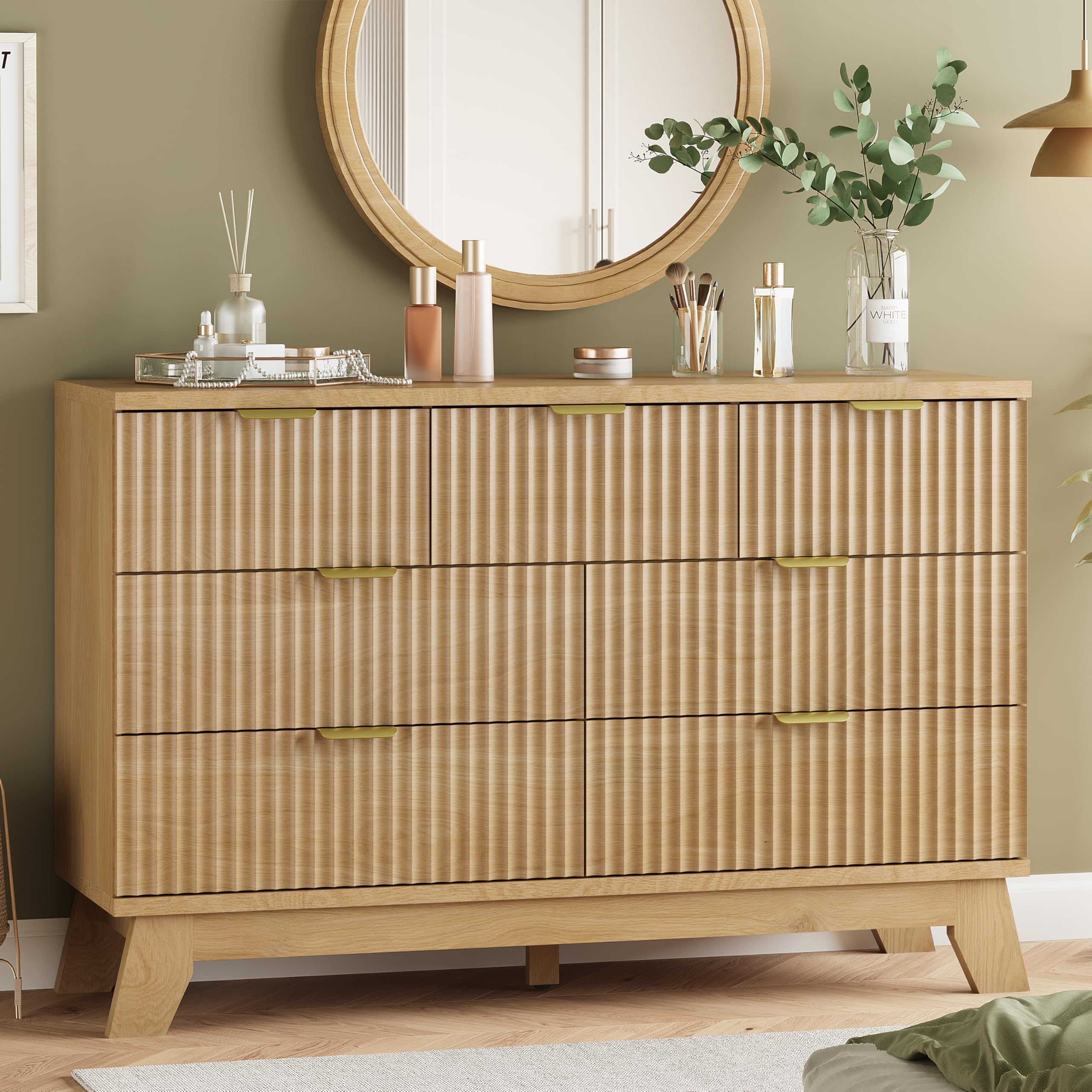 Fluted Dresser for Bedroom with 9 Drawers, 57" Wide Modern Chest of Drawers with Metal Handle, Wooden Dresser TV Stand, Wood Closet Clothes Storage Organizer for Living Room, Hallway, Natural Oak