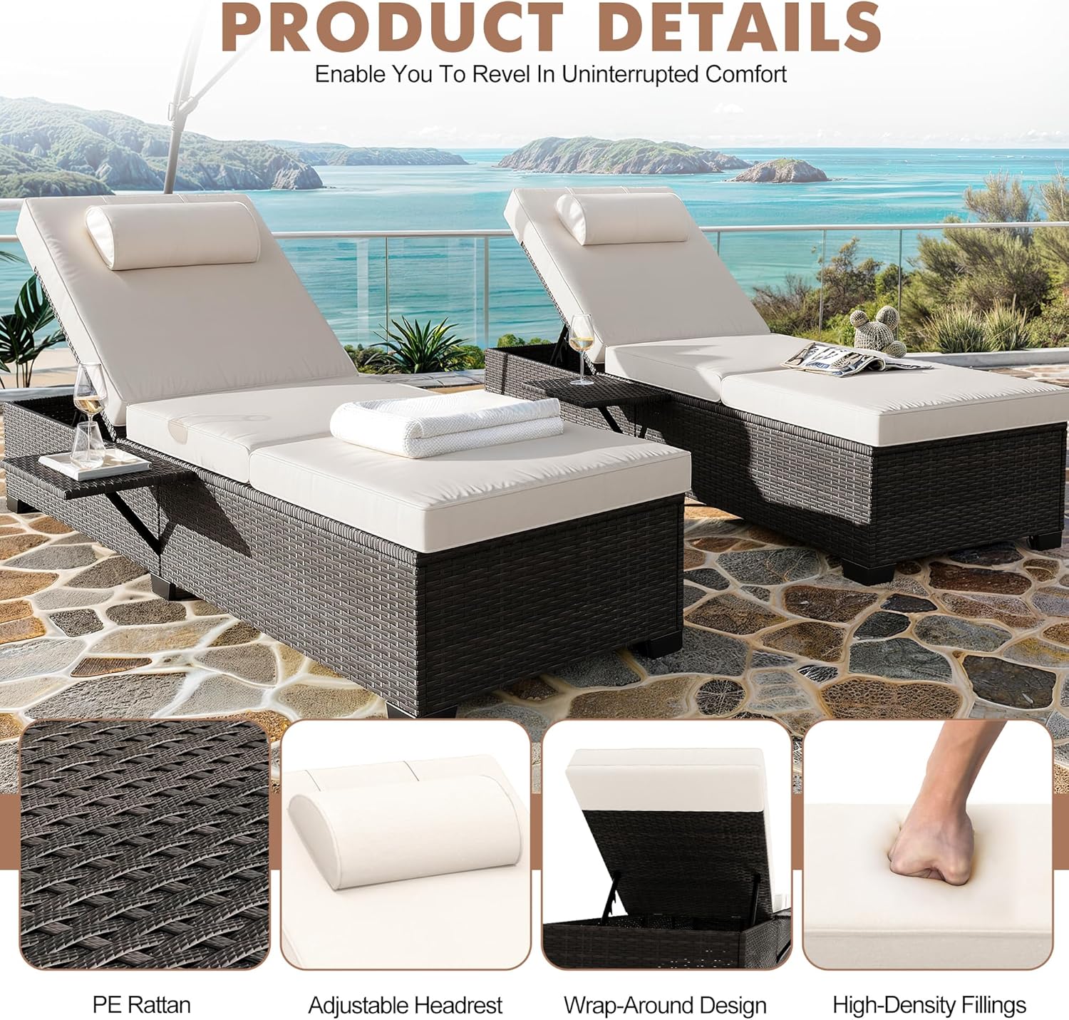 Patio Chaise Lounge Set of 2, Brown Rattan, Adjustable Backrest, Recliners with Beige Cushion