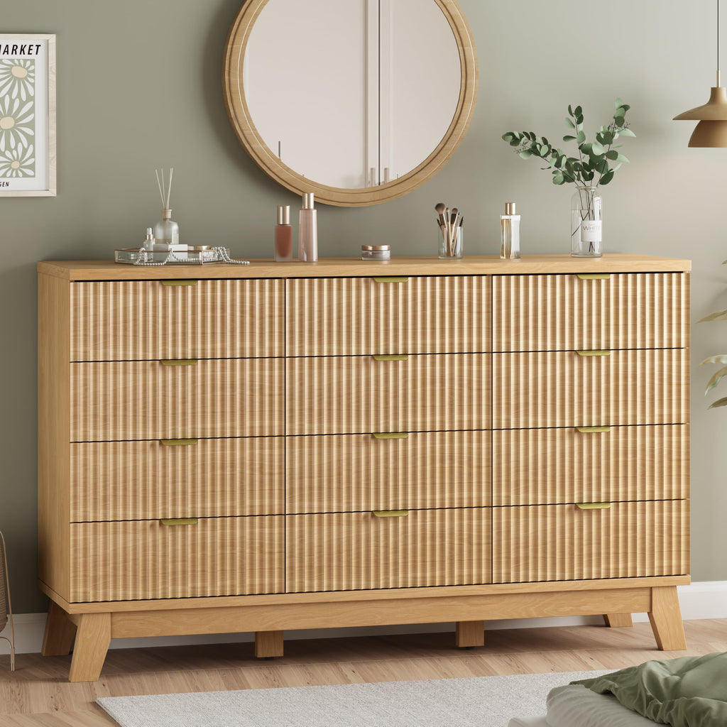 Fluted Dresser for Bedroom with 9 Drawers, 57" Wide Modern Chest of Drawers with Metal Handle, Wooden Dresser TV Stand, Wood Closet Clothes Storage Organizer for Living Room, Hallway, Natural Oak