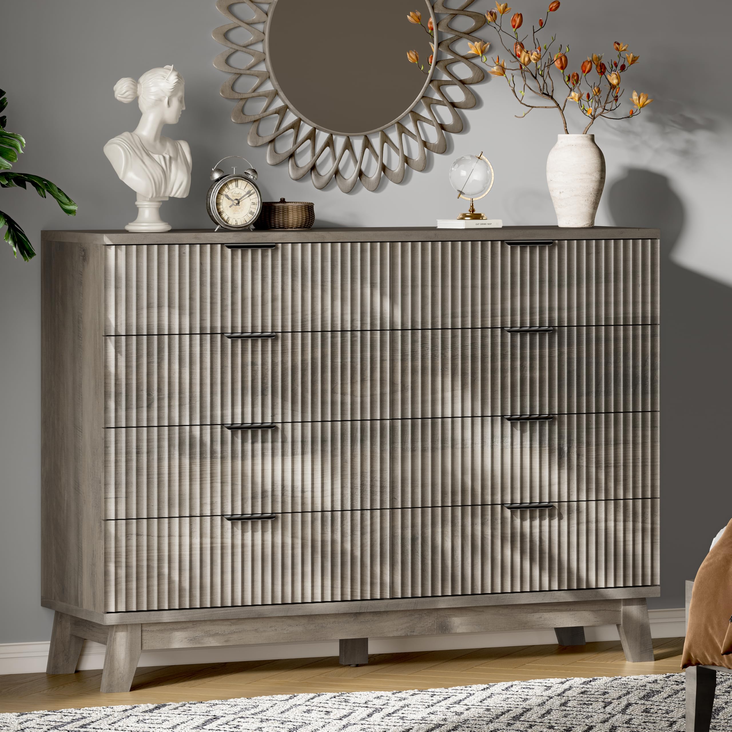 Xixini Fluted Dresser with 9 Drawers, 63" Wide Modern Chest of Drawers with Metal Handle, Wooden Dresser TV Stand, Wood Closet Clothes Storage Organizer for Bedroom, Living Room, Hallway, Natural Oak