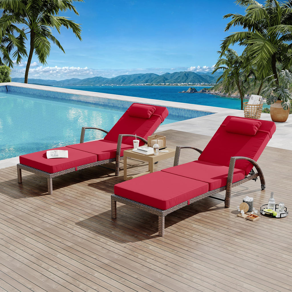 coucheta Outdoor Chaise Lounge Set of 2 Rattan Patio Folding Chaise Lounge Adjustable 5 Position Back Patio Pool Lounge Chair with Cushion Pillow for Poolside Backyard Deck Porch Khaki