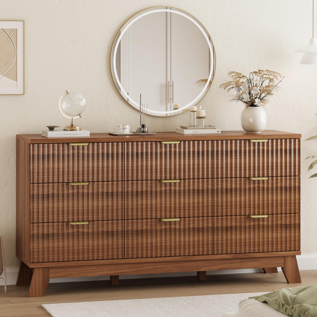 Fluted Dresser for Bedroom with 9 Drawers, 57" Wide Modern Chest of Drawers with Metal Handle, Wooden Dresser TV Stand, Wood Closet Clothes Storage Organizer for Living Room, Hallway, Natural Oak