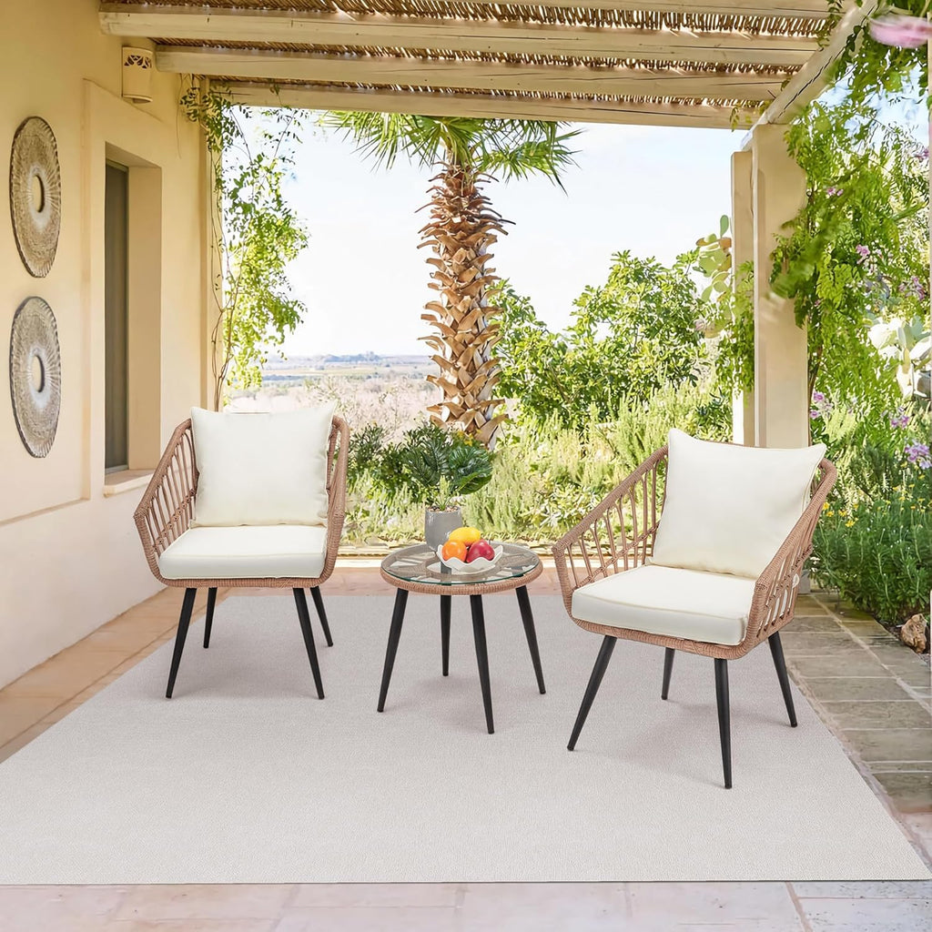 ECOTOUGE 3 Piece Wicker Patio Bistro Set, Outdoor Rattan Dining Set with Glass Top Table, Chairs, and Cushions, All-Weather Conversation Furniture Sets for Porch Backyard Lawn Poolside, Beige