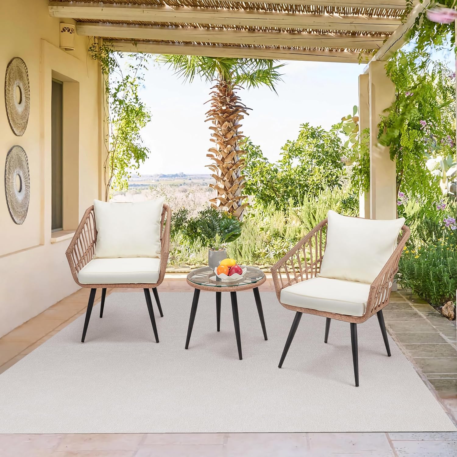 ECOTOUGE 3 Piece Wicker Patio Bistro Set, Outdoor Rattan Dining Set with Glass Top Table, Chairs, and Cushions, All-Weather Conversation Furniture Sets for Porch Backyard Lawn Poolside, Beige