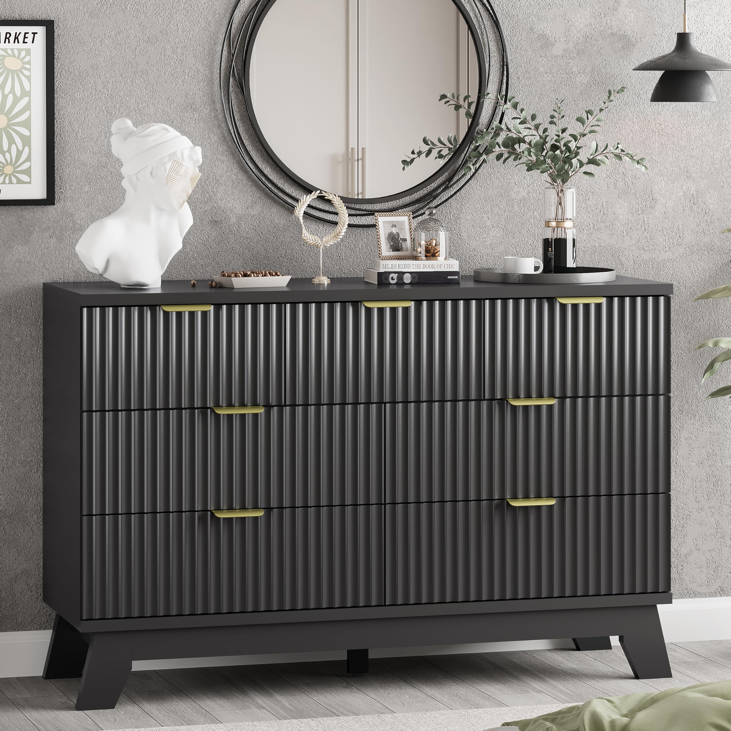 Fluted Dresser for Bedroom with 9 Drawers, 57" Wide Modern Chest of Drawers with Metal Handle, Wooden Dresser TV Stand, Wood Closet Clothes Storage Organizer for Living Room, Hallway, Natural Oak