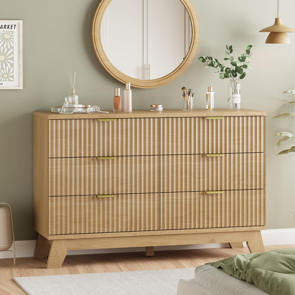 Fluted Dresser for Bedroom with 9 Drawers, 57" Wide Modern Chest of Drawers with Metal Handle, Wooden Dresser TV Stand, Wood Closet Clothes Storage Organizer for Living Room, Hallway, Natural Oak