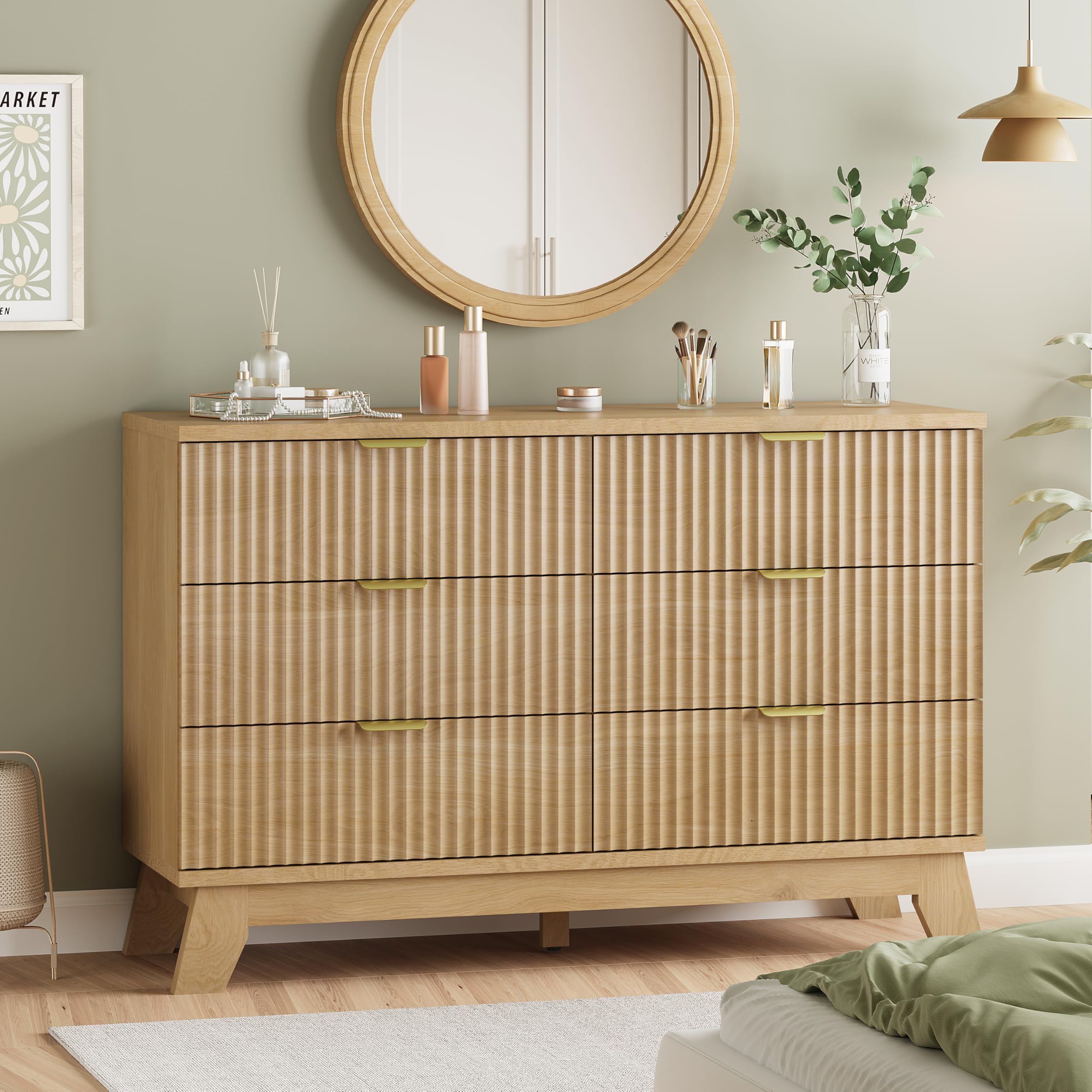 Fluted Dresser for Bedroom with 9 Drawers, 57" Wide Modern Chest of Drawers with Metal Handle, Wooden Dresser TV Stand, Wood Closet Clothes Storage Organizer for Living Room, Hallway, Natural Oak