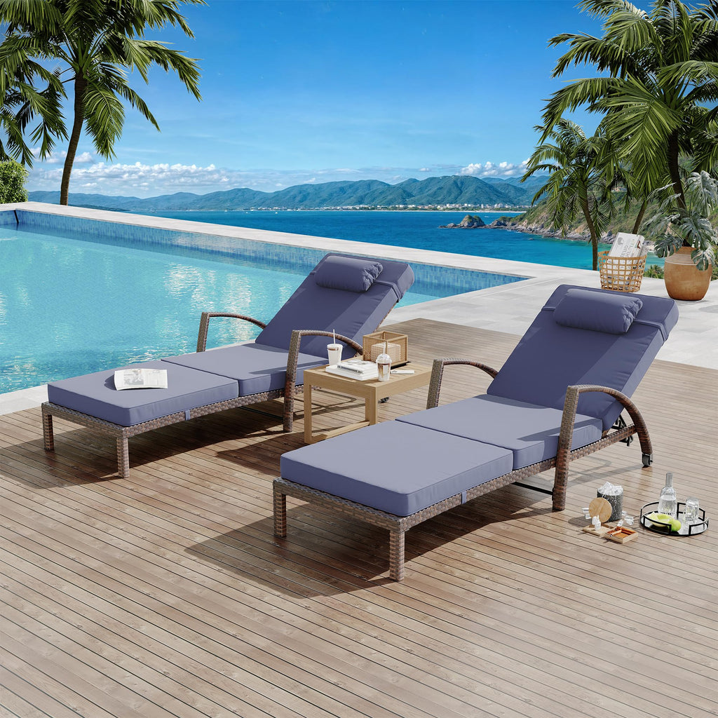 2Pcs Beige Rattan Folding Chaise Lounge,5-Position Adjustable Outdoor Lounge Chair with Cushion & Pillow