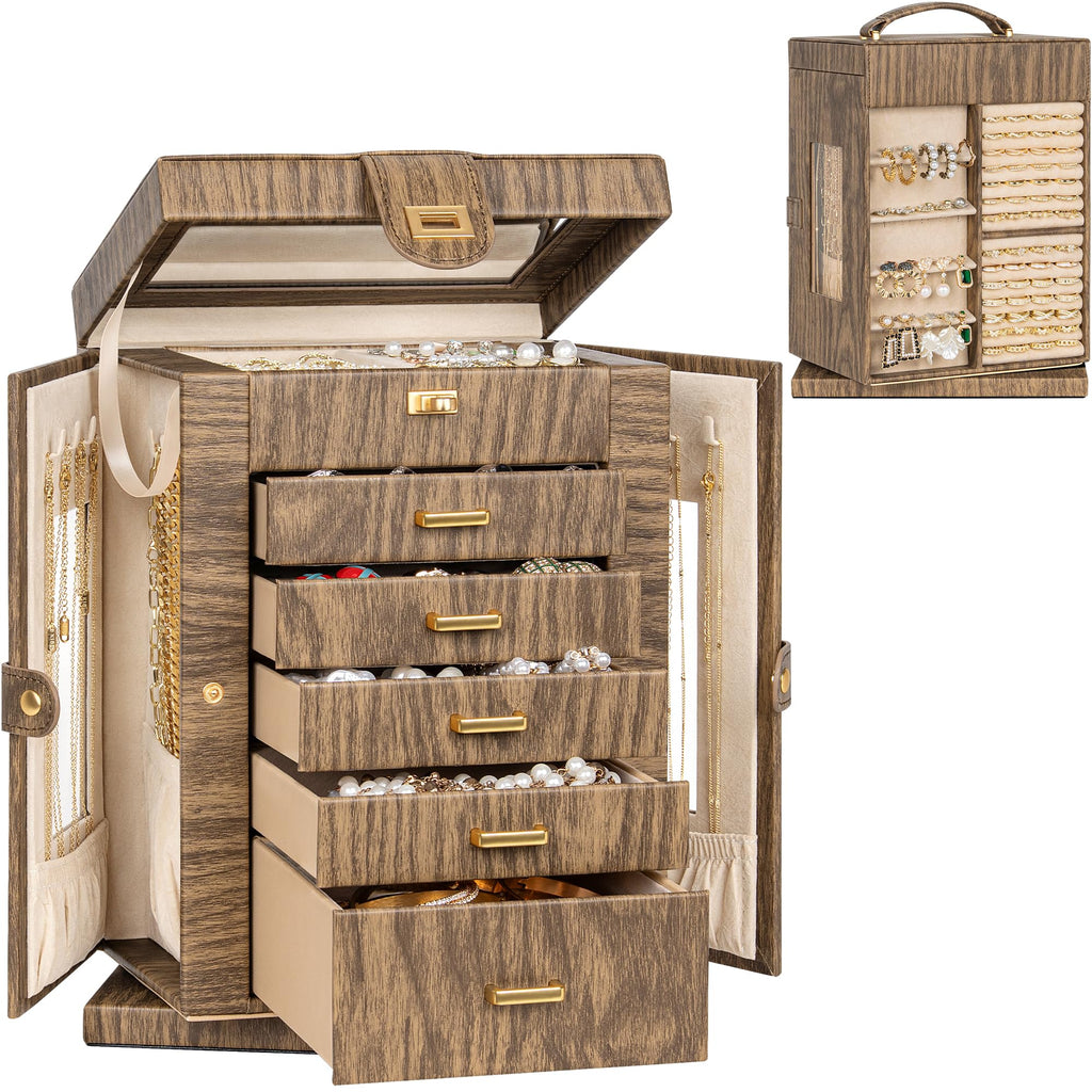 AKOZLIN Jewelry Box 6-Tier Organizer Functional 360° Rotating Jewelry Storage Case for Women Girls Ring Necklace Earring Bracelet Holder with Mirror