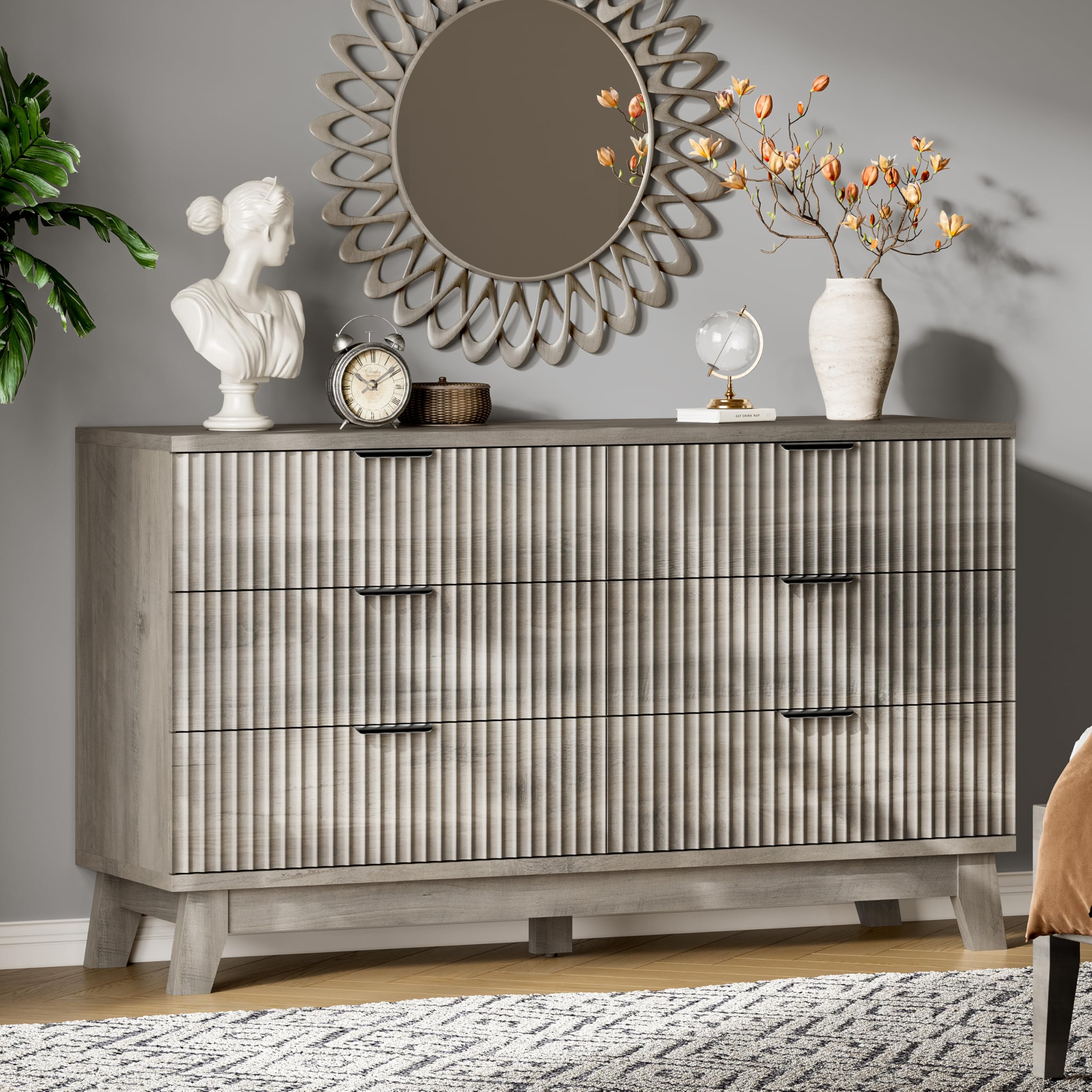 Xixini Fluted Dresser with 9 Drawers, 63" Wide Modern Chest of Drawers with Metal Handle, Wooden Dresser TV Stand, Wood Closet Clothes Storage Organizer for Bedroom, Living Room, Hallway, Natural Oak