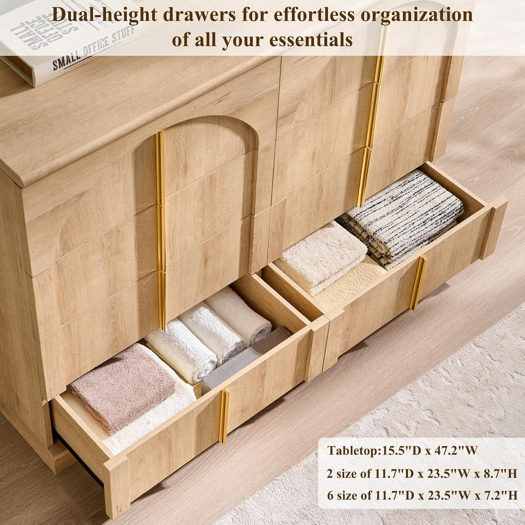 ACCOHOHO Large Dresser for Bedroom with 8 Drawers with Arched Panel,Modern Minimalist Chest of Drawers with Gold Handles,Wood Storage Closet Dressers Tv Stand for Living Room, Hallway,Natural Oak