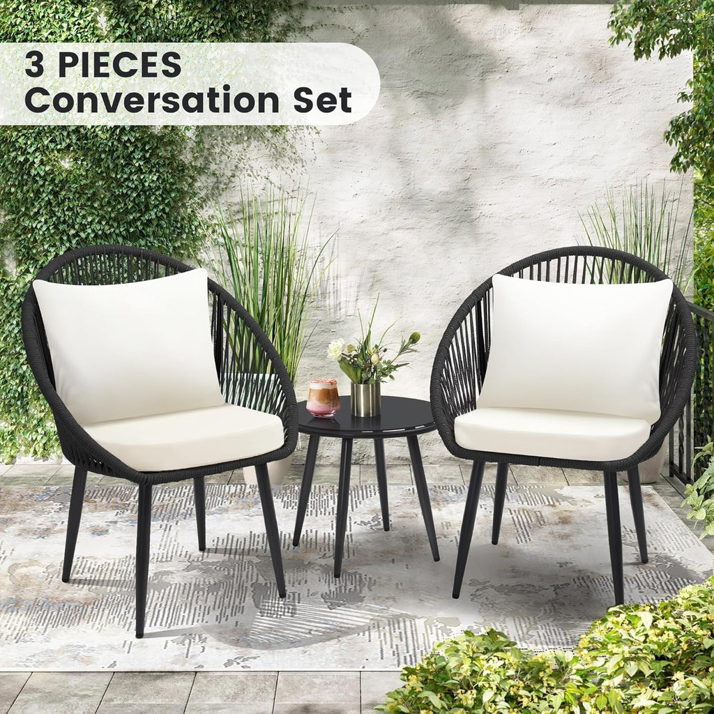 wildformers 3 Pieces Bistro Set, Woven Rope Chair with Cushions, All Weather Patio Conversation Set and Side Table, Ideal for Deck, Balcony, Poolside, Black