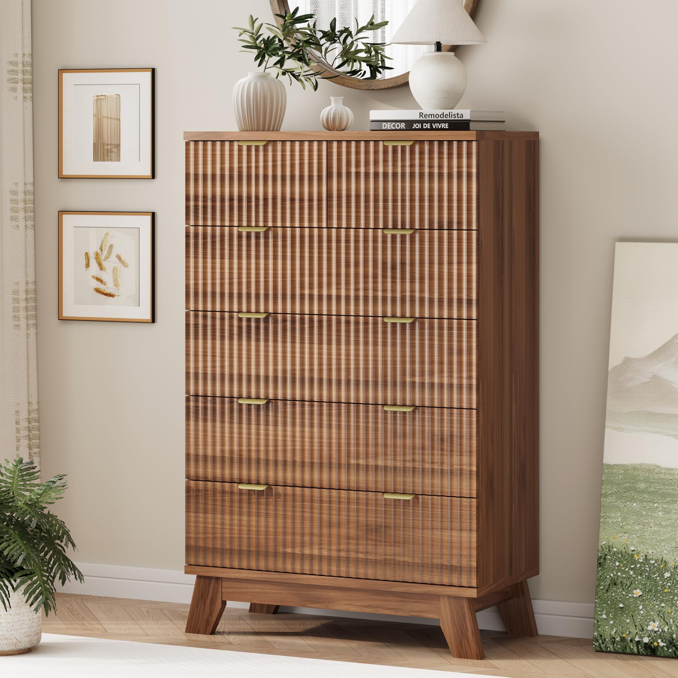 Fluted Dresser for Bedroom with 9 Drawers, 57" Wide Modern Chest of Drawers with Metal Handle, Wooden Dresser TV Stand, Wood Closet Clothes Storage Organizer for Living Room, Hallway, Natural Oak