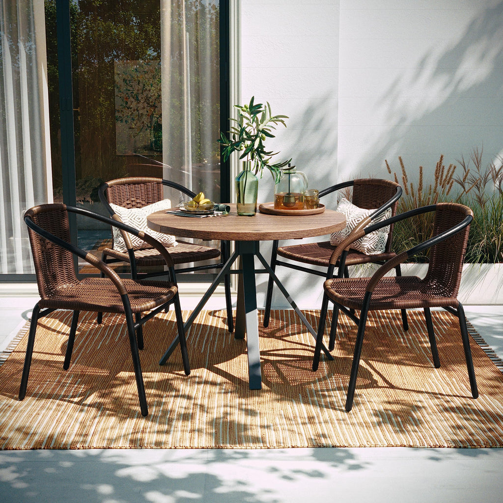 EMMA + OLIVER Set of 2 Modern PE Rattan Stack Chairs, Indoor/Outdoor Patio Dining Chairs, No Assembly Required, Brown