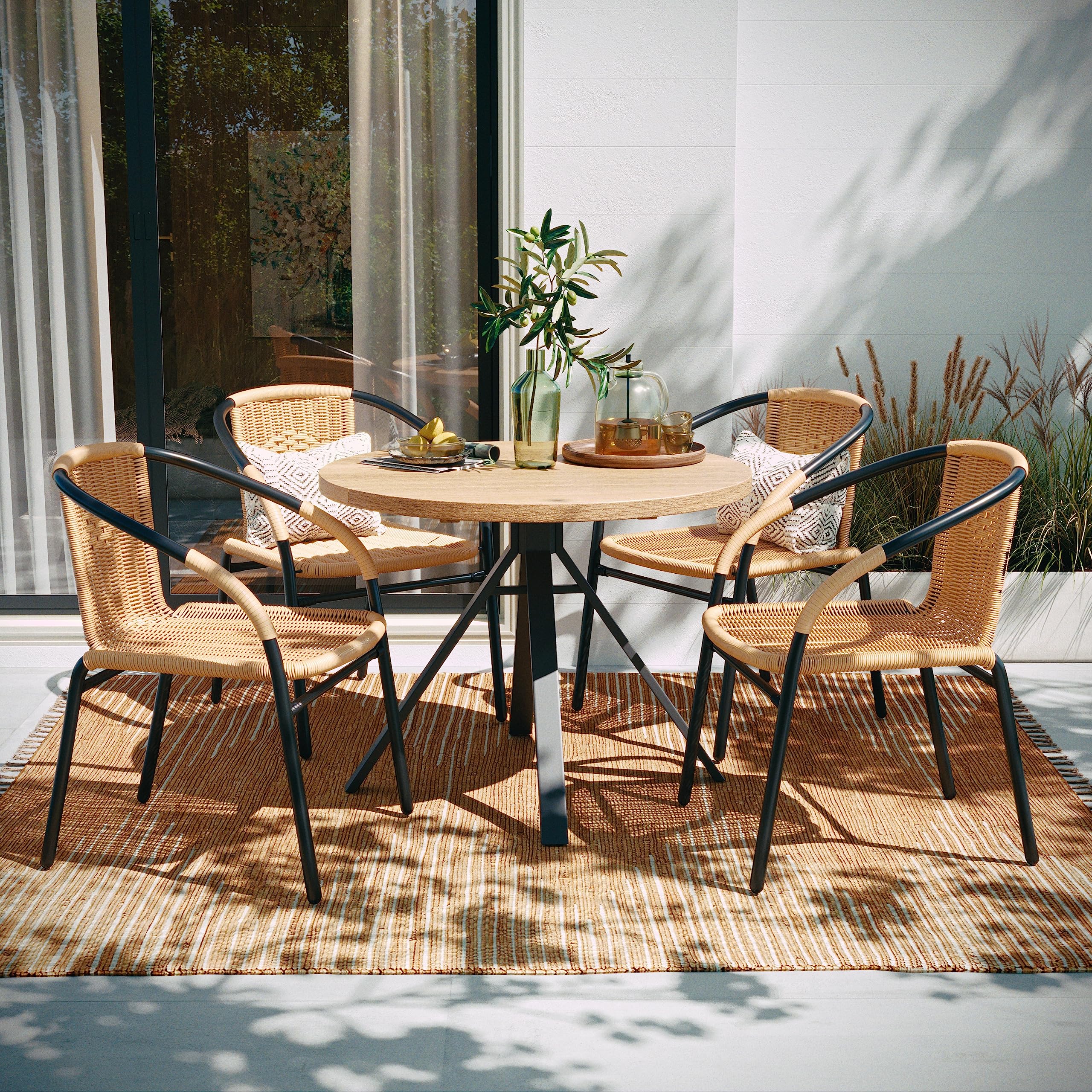 EMMA + OLIVER Set of 2 Modern PE Rattan Stack Chairs, Indoor/Outdoor Patio Dining Chairs, No Assembly Required, Brown